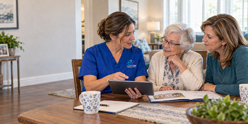 Capricorn RN placement advisor reviewing senior-care options with an older adult and family member