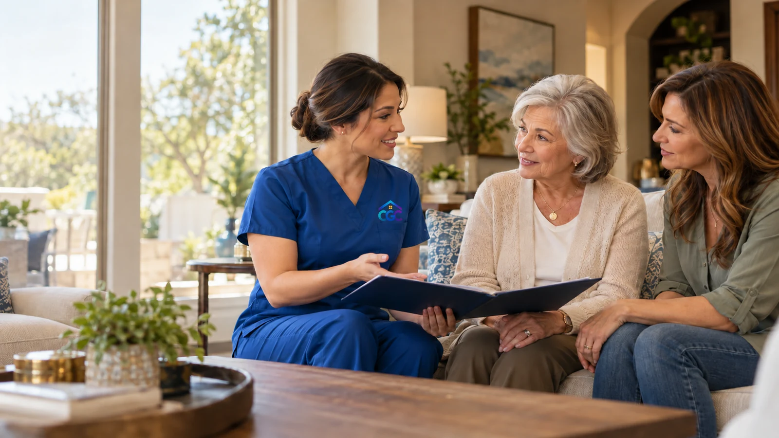 Family speaking with a senior living advisor in a welcoming home setting